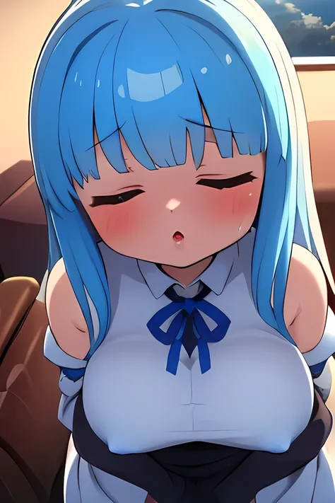 ((Incoming kiss:1.8)),(aoi kotonoha),(((milf))),(blue hair ribbon:1.4)),red eyes,(droopy eyes),blue hair ,((very long hair)),blunt bangs,((((toll stature))),((huge breasts)),(sagging breasts),(Well good:1.5),(((grace body ))),white dress, detach sleeve, Wi...