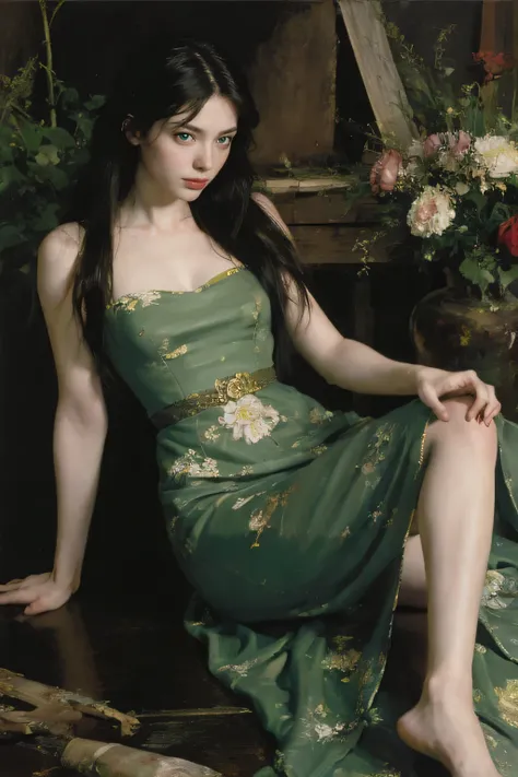 (oil painting:1.5),
\\
a woman with (long curtly hair ), ((green eyes)) is lie on the ground, peony, (amy sol:0.248), nude , with  dress,  (stanley artgerm lau:0.106), (a detailed painting:0.353), (gothic art:0.106)