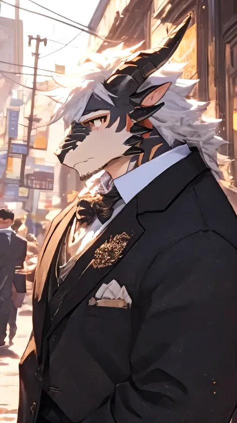 （ masterpiece）,（Very Detailed）,（high detail）,（best quality）, male, furry, furry，Black Dragon，Dragon Scale，Dragon Horn，black skin，White hair，golden pupils， 8,000，（（high quality））,( street background ),daytime（White suit:1.2),shy,White suit, full body shot, ...