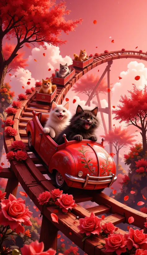 cinematic, ultra-detailed fantasy illustration.
A magical roller coaster twists and turns through an enchanted forest bathed in vibrant red light, creating a dreamy, fairy-tale atmosphere. The tracks elegantly loop and curve, adorned with bright red roses...