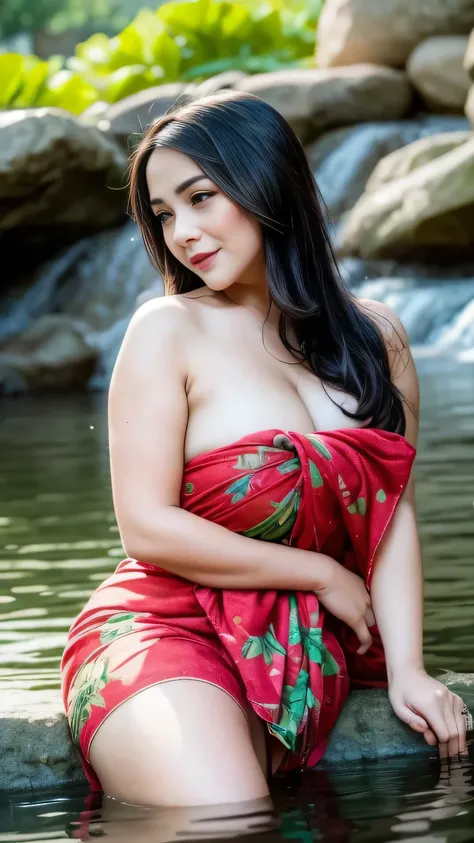   Please draw a realistic picture of a young Indonesian woman with large breasts sitting by the shallows,   natural and graceful pose plugging in through a gentle river surrounded by smooth rocks  . She has been a long time,   dark hair flowing down her sh...