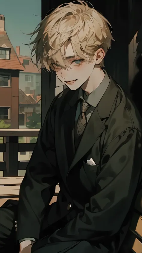 masterpiece , Top Quality, one person, short blond hair,boy,Looking at you (Lenses),Wooden bench,Sitting,Complicated decoration, suit ,gentle expression,Smile ,Not aggressive,warm color,Light and Shadow,outdoor,bust