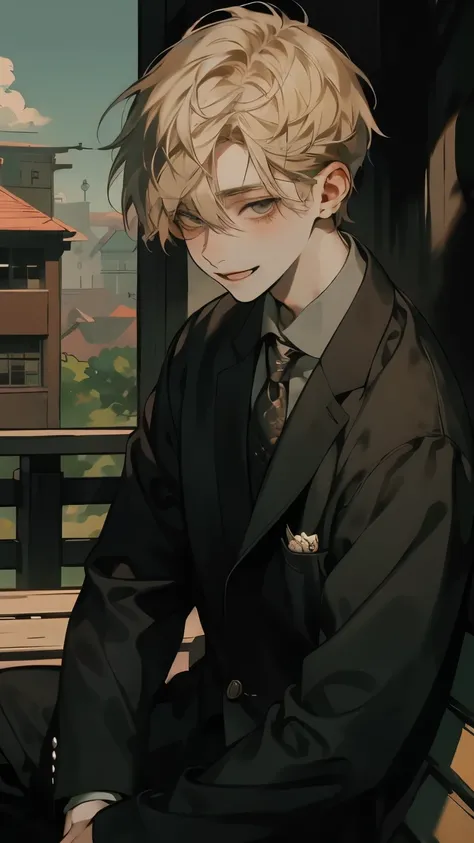 masterpiece , Top Quality, one person,short blond hair,boy,Looking at you (Lenses),wooden bench,Sitting,Complicated decoration, suit ,gentle expression,Smile ,Not aggressive,warm color,Light and Shadow,outdoor,bust