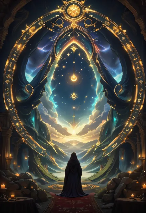 high details, best quality, 16k, [best detailed], masterpiece, best quality, (extremely detailed), a view of an priestess looking through  a portal onto celestial heaven, there are heavenly clouds, distant stars, nebulas,  coming from the portal, the porta...