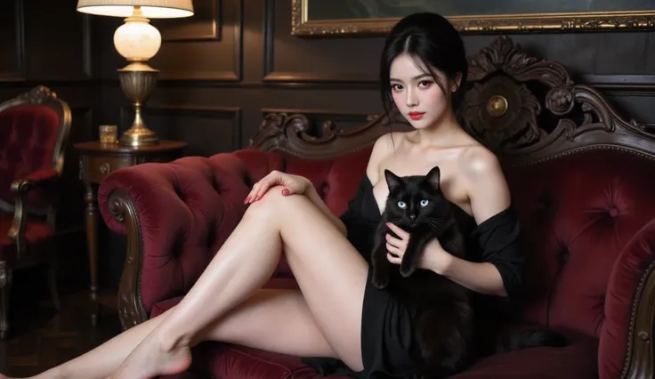 A Japanese woman in a sexy dress sits with her legs spread and holds a blue-eyed black cat