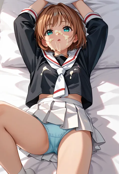 nsfw, kinomoto_sakura, elementary school uniform, white skirt, pleated skirt, black shirt, white sailor collar, white neckerchief, long sleeves, I have brown hair tied in two with red elastic, bob cut, (  masterpiece, Ultra High Resolution ,  better qualit...