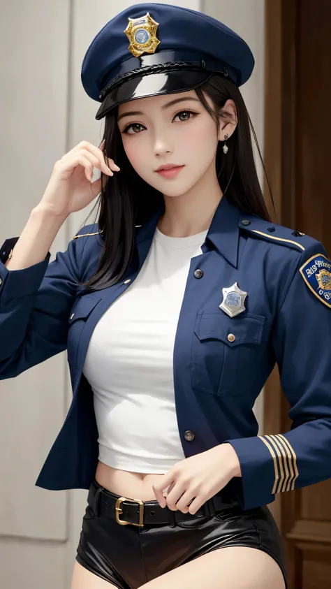 {Top Quality, Masterpiece}, (Realistic: 1.3), Wallpapers, ultra high res, ultra high quality, 
BREAK {{{FF7, Tifa_lockhart, solo}}}, Ultra-detailed face, Detailed red eyes, black Brown Hair, (medium breasts), about 18age, (she is wearing a police-uniform:1...