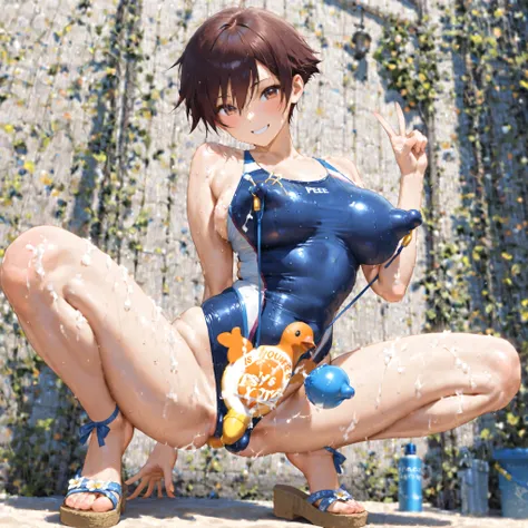 Detailed Images、Beautiful images、masterpiece、full body、from before、1 girl、slender body、boyish、 competitive swimsuit、 blue swimsuit、 high leg、 crouch、open your legs、 sandals on the skin、nipple bulge、smile、is embarrassing、peace sign with both hands、