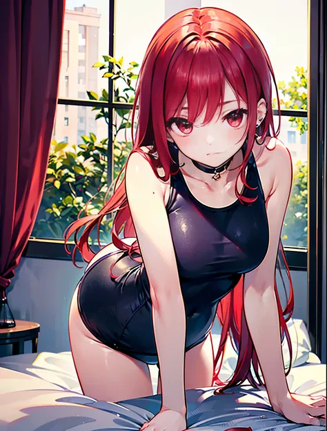 realistic,Best Quality, Super Detail, high quality CG rendering,  THE MOST DELICATE AND BEAUTIFUL , Hi-Res, ( female 1), (Best Quality,4K,8k,masterpiece:1.2), (Bright Red Hair:1.5),(semi-long hair:1.5),(red eyes:1.5),(Black school swimsuit:1.4),(dark bedro...