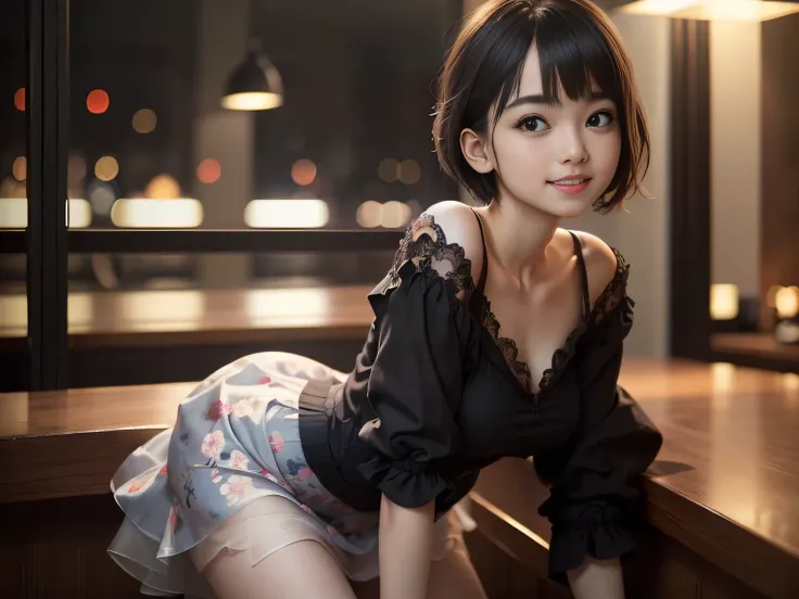 (Best Quality, masterpiece, Ultra High Resolution, 8k, RAW photo, realistic, anatomically accurate:1.5), 20 year old girl:1.2, is embarrassing,  looks away, :1.0, viewer, ((bar)) 、big window、 night view、 light:1.2, Cinema lighting:1.0, description depth of...