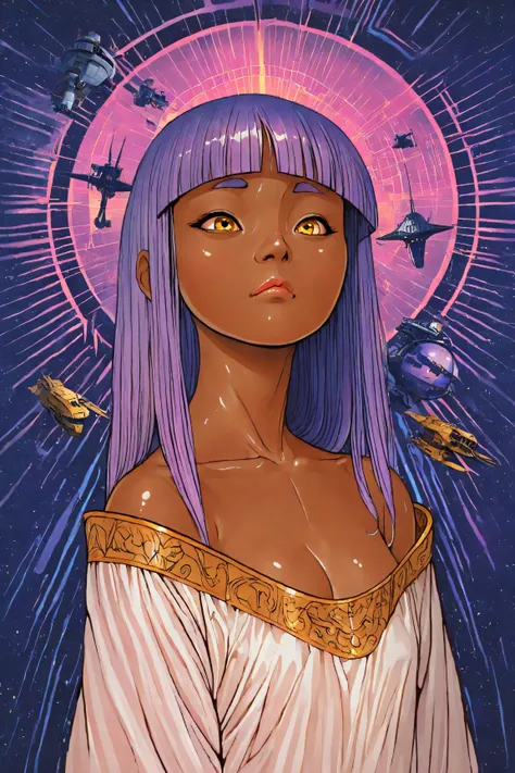 ((best quality)), ((masterpiece)), (detailed), perfect face, dark skin, surreal, in the illustrative style of moebius, spaceships, aliens, fantasy, sci-fi, graphic novel, line drawing, ((japanese retro)), long purple hair, blunt bangs, gold eyes, white tun...