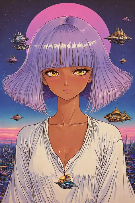 ((best quality)), ((masterpiece)), (detailed), perfect face, dark skin, surreal, in the illustrative style of moebius, spaceships, aliens, fantasy, sci-fi, graphic novel, line drawing, ((japanese retro)), long purple hair, blunt bangs, gold eyes, white tun...