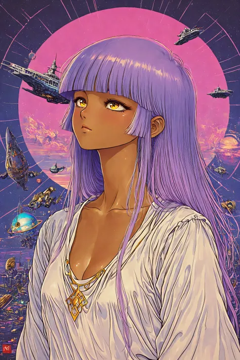 ((best quality)), ((masterpiece)), (detailed), perfect face, dark skin, surreal, in the illustrative style of moebius, spaceships, aliens, fantasy, sci-fi, graphic novel, line drawing, ((japanese retro)), long purple hair, blunt bangs, gold eyes, white tun...