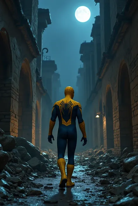 Yellow Spider-Man walking through the ruins at night、