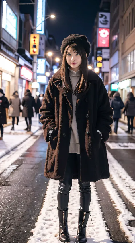 Raw quality, One woman、Wear a coat and hat 、 standing on a snowy road , Standing on the Street, In the snow立っている, Standing on the Street,  streets of a city full of Christmas colors,  street, Standing on the Street, In the snow, Standing in the city center...