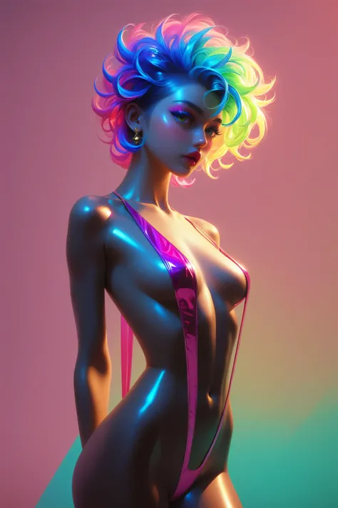 very young ebony girl, slender, petite, red lips, plunging neckline, small perky breasts, custom, colorful neon hair, masterpiece, style, hair [green:1.75] [neon:1.32], detailed, shiny skin, no background, green background, pink background, gold background...