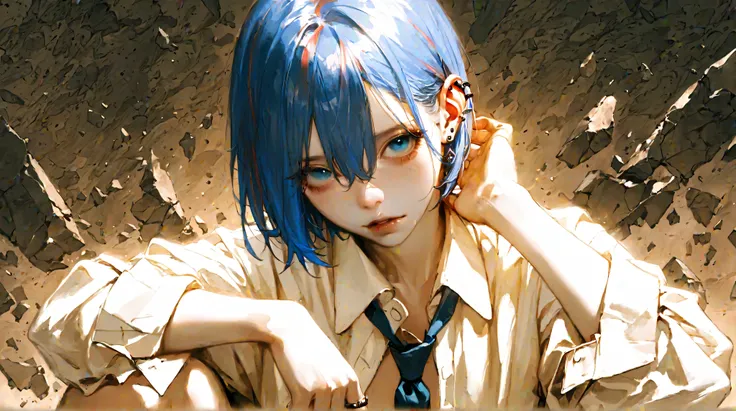 best quality,masterpiece,absurdres,newest,
(atnr style,realistic),
Shatter,legs, solo,bruises,jewelry,red bruises,earrings,1girl,ring,choke hands,shirt,hands around neck,textured multicoloured background,fully blue hair, chike hold,white shirt,looking at v...