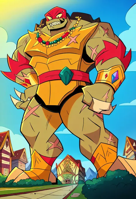 A giant muscular man, humanoid creature, bald man, gigantic chin, veins, tattoos, scars, golden armor, golden bracelets with jewels, golden necklaces with jewels, golden and silver belt, golden and brown boots, ginomous biceps enormous pectorals, sharp tee...