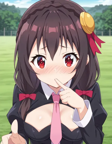 high image quality,high quality、 
Yunyun、 black hair, HAIR ACCESSORY, red eyes,   Long Sleeve, tie,   Outfit Cutout, cleavage cutout, pink tie、(Snowfield)、(blush)、(She looks up)、(she tilts her head)、(She put one hand to her mouth)