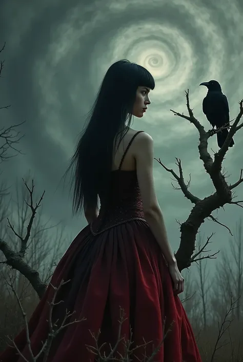 Gothic fairy queen, black straight hair, her dress is low-cut, corseted medieval dress. The sky in the background is cloudy and dark, made up of spirals. The atmosphere of a dark, dried forest in places. Next to the kadu is the tree reaching towards the sk...