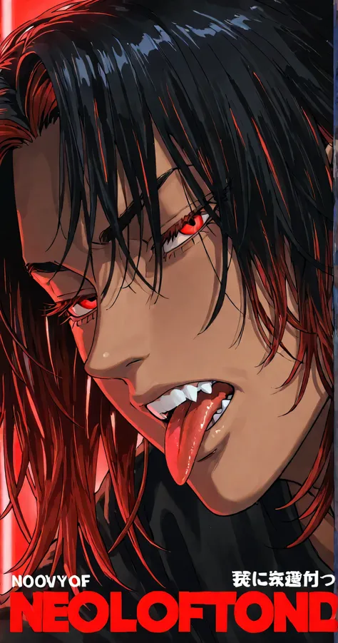 1 man, fit, very handsome, wavy black hair, one line of red hair, middle part hair, wolfcut, medium length hair, seductive, eyelashes, devil red eyes, red eyes, cold eyes, light brown skin, neon red lighting, mouth open, teeth, tongue out, face close up, d...