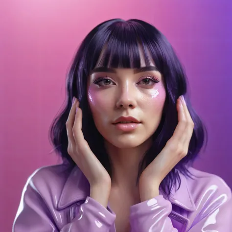 blackhair female hands holding hands to her face, that is glowing with pink and purple colours, dripping wet, closeup macro photo, minimalistic, in a light purple and pink style, with soft edges and blurred details, in the toycore style, with a 3D render, ...