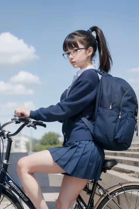 Blue sky background,((Side view of a female middle school student riding a bicycle and looking at me)), Beautiful Legs,,(( navy blue pleated micro mini skirt )),navy blue student cardigan,((navy blue high socks above the knee)),Sneakers,   carry a backpack...