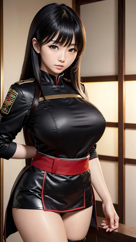  (masterpiece), (best quality), (photorealistic:1.3), 8k, fine skin texture, Japanese Female、Beautiful breasts、black髪、Heavy bangs、blackい瞳、miniskirt、Combat Uniform、white、black、red、