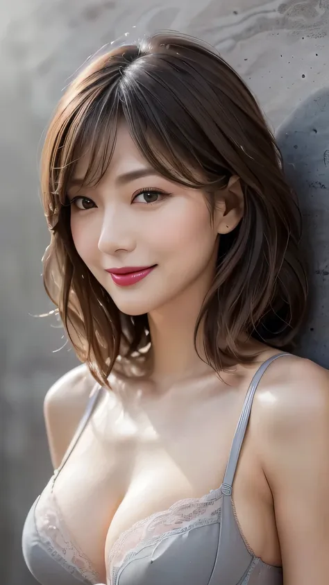  very detailed,   masterpiece ,  Best Quality , (( photorealistic:1.4)), ((Slender Body:1.4))、(((light grey lace bra)))、(Super slim body:1.4)、40 year old Japanese elderly woman , detailed face ,   Detailed Eyes  、((Perfect Makeup、lipstick)) 、((Sagging brea...