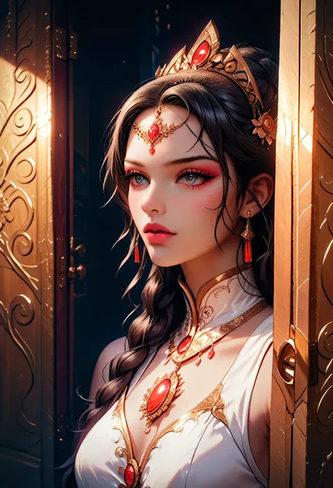 score_9, score_8_up, score_7, a picture of a sorceress sittings in her divine temple, opening a large (magical doorway: 1.4), with magical runes on it, looking into the (celestial heaven: 1.3), epic beautiful woman  (best details, Masterpiece, best quality...