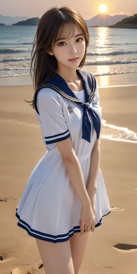 sailor suit, Golden sand beach at sunset 