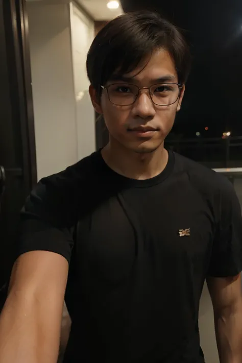 Hyper realistic, like a regular photo from a phone, selfie. Southeast asian boy, 18 years of age, wears glasses, a little tan, straight slightly wavy dark brown hair, dark brown eyes, not smiling straight face, dark background and lighting, flash from phon...