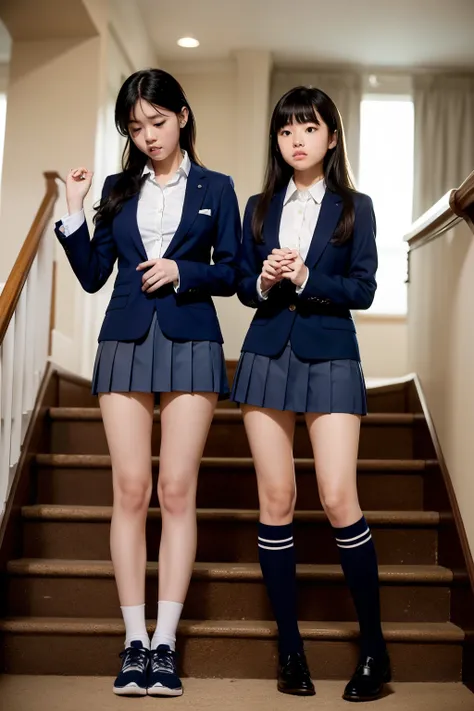 landing of the stairs background,Two female middle school students stand with their hands closed, front composition,matching clone clothes,low angle,Navy Blue Pleated Micro Mini Skirt,navy blue blazer,navy blue high socks, beautiful legs,Projecting from he...