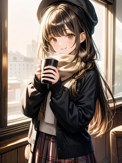 1 girl, 紅leaf, bangs, black headwear, Blurry Background, , brown eyes, brown hair, brown  scarf, brown skirt, cardigan,  coffee, Cowboy Shooting, cup, disposable cup, [drink, 落ちleaf, Beanie, holding, holding [drink, leaf, long hair,  Long Sleeve,  See Who'...