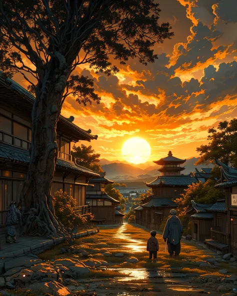 "An ancient Japanese village at sunset, with a gentle breeze swaying the trees. In the center of the village stands a massive banyan tree, under which an old samurai is teaching a young boy the art of swordsmanship with a wooden practice sword (bokken). Th...