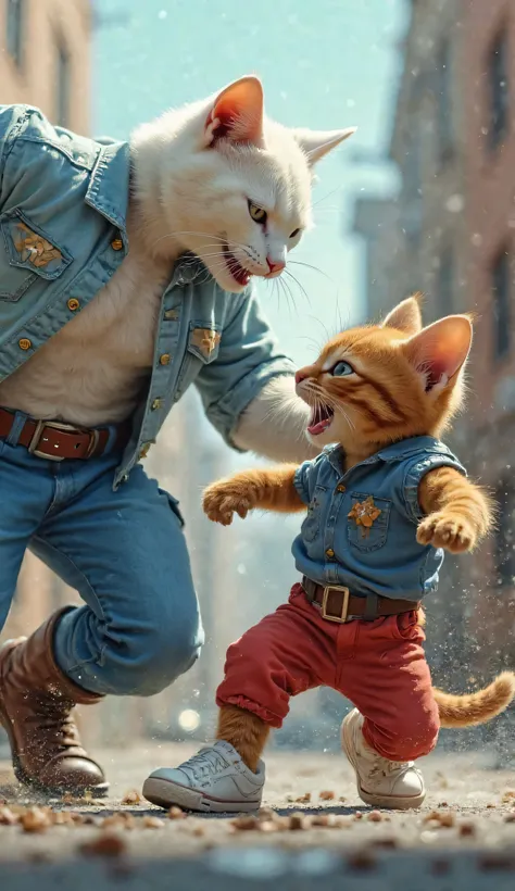 "A determined super-powered male cat with pristine white fur, sharp facial features,Wear a blue pant and a light blue superstar shirt with rolled-up sleeve, leather boot and belt lunges forward, engaging in a fast-paced battle with the mean-looking, brown-...