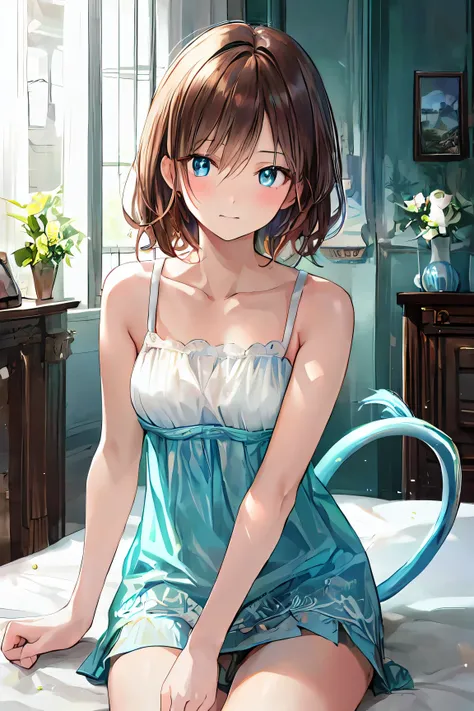 Late night bedroom、electric light、beautiful girl with brown hair lying on her back in bed、、the above、 in a dim room sitting inside a wooden box、Amber lighting、 embarrassed face 、 very well detailed,  Super A High Resolution ,  、( best qualityのイラスト:1.2), (c...