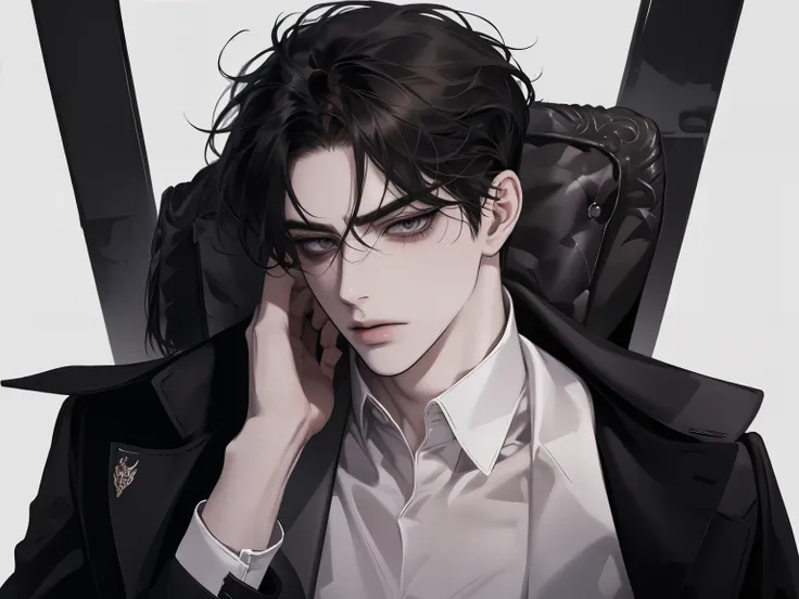 male, solo, adult, pale_skin, fair_skin, muscular, tall,black hair, No decoration, (swept bangs), loose shirt, (simple Three-Piece Suit), black eyes, tsurime, sanpaku, slanted_eyes, formal_dress, long_coat, angry,frown, jitome, (hair_tucking), illustration...