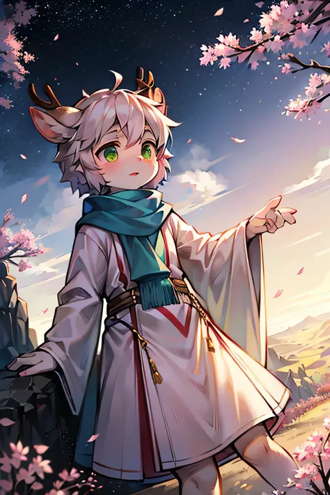 A white deer，Peach Blossom Tree， Falling Flowers，Fallen Leaves，Shota，  cute，long white robe，Turquoise scarf ， flowing scarf ， flowing robe   ，Brightly，  green eyes  ，daytime，Morning Mist，starry sky，Standing on the edge of a cliff，rural