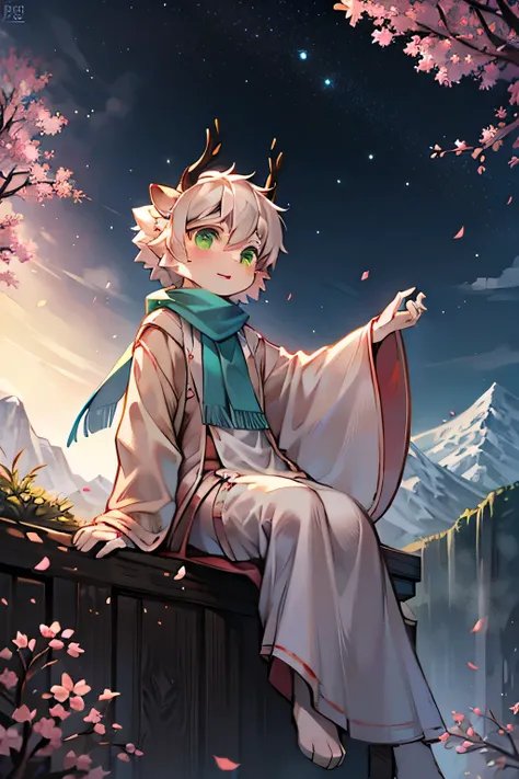 A white deer，Peach Blossom Tree， Falling Flowers，Fallen Leaves，Shota，  cute，long white robe，Turquoise scarf ， flowing scarf ， flowing robe   ，Brightly，  green eyes  ，daytime，Morning Mist，starry sky，Standing on the edge of a cliff，rural