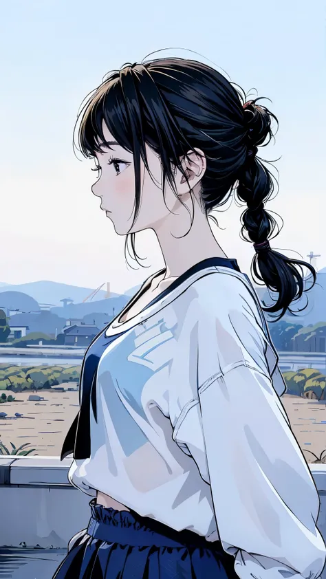 fisheye lens、 taken from below、Famous Paintings、Optimal quality、High school girl wearing a dark blue sports bra、Very depressed、Black hair pigtails 、braids、full bangs、Look down、profile in landscape orientation from、upper body、profile、 moderate bust、Portrait...