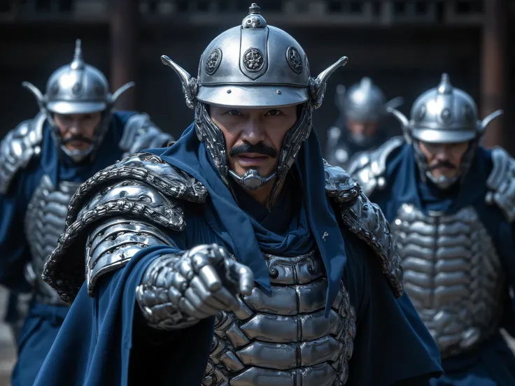 Prison Guard, Silver Blue Paddy Set, Armor, middle-aged man, Mustache , Chinese people, The right hand points to the front., Running Chasing Villains, Panic, shout, underground prison wall background, images, Masterpiece,  giant form film , clear details, ...