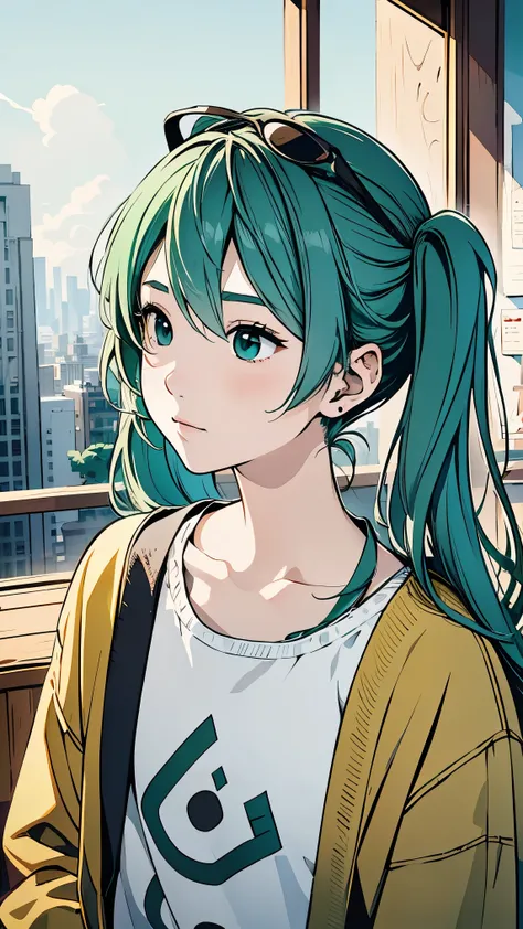 fisheye lens、shot from above、Famous Paintings、Optimal quality、Hatsune Miku、Very depressed、 green hair、 looks up、profile in landscape orientation from、upper body、 moderate bust、Portrait inspired by Minetaro Mochizuki、 backlit、Asahi、Sand Planet、sing、