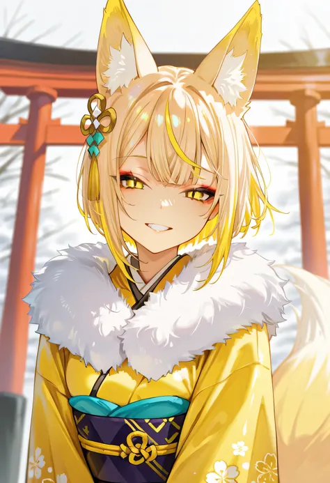 aruhshura, detailed eyes, 1girl, tail, animal ears, blonde hair, fox tail, fox ears, solo, fur trim, yellow eyes, bangs, shiny hair, kimono, hair ornament, shiny, multicolored hair, long sleeves, short hair, teeth, parted lips, wide sleeves, grin, upper bo...