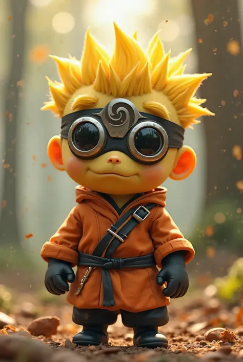 ### **Prompt 1: Reprodução fiel da imagem**  
*"A detailed 3D-rendered digital illustration of a small yellow creature with round goggles and spiky golden hair, dressed in an orange and black ninja outfit inspired by Japanese anime. The character has a met...