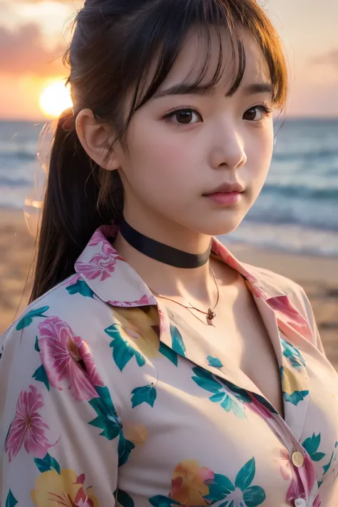 ((( Hawaii Sunset Beach )))、、(Please wear a floral Hawaiian shirt.。..:1.5)、( natural skin texture, hyperrealism, Soft light,  sharp), (complicated details:0.9), (NFSDW, hyperdetails:1.2), Soft light,  sharp,  Exposure Blend ,  intermediate shot, Bokeh, (NF...