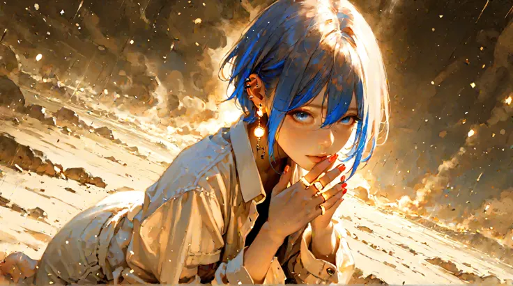 best quality,masterpiece,absurdres,newest,
(atnr style,realistic),
"Best quality, masterpiece, absurdres, newest, (atnr style, realistic), solo, jewelry, earrings, 1girl, ring, shirt, textured multicolored background, fully blue hair, white shirt, looking ...
