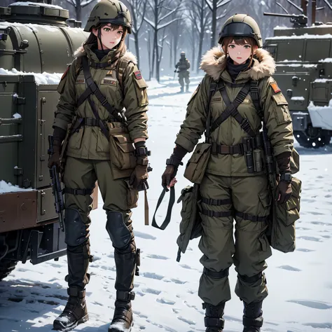 Two tall and strong female soldiers、Wear a helmet、Wear brown winter military uniforms、brown military pants、Knee pads、Winter gloves  ，Tactical shoulder strap、Magazine Pouch、Guard with gun、Winter military base  ，  write details、  masterpiece、  High Quality  ...