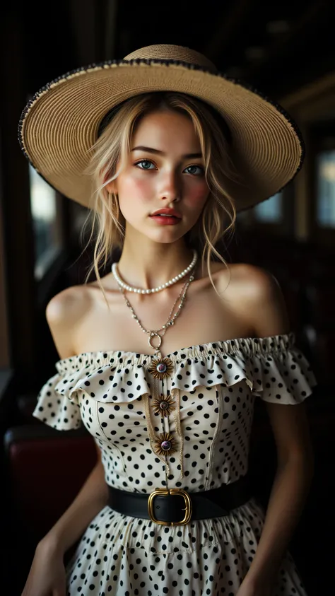 8k, Masterpiece, Top Quality, Low-angle, close-up, woman, fair skin, blonde hair,  updo,  loose curls,  blue eyes,  red lips,  off-the-shoulder, polka dot dress,  fitted bodice,  dark belt,  jewel accent, full skirt,  straw hat, wide brim,  pearl necklaces...