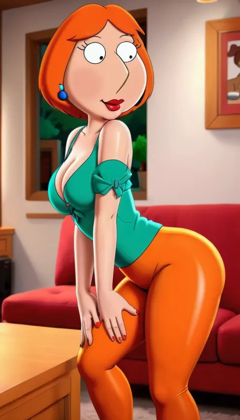 Lois_Griffin, (((1girl, solo, alone, red lips, orange short hair))), perfect eyes, shortstack, flat color, cartoon, animated, makeup, eyeliner, mascara, looking at viewer, smile, parted lips,

green shirt, brown pants, red shoes,

sexy pose, dynamic pose, ...